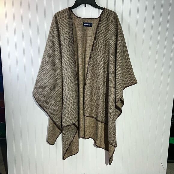 Vintage Marcia Lyons Woven Poncho Wrap Cape Brown Strip Wool Embroidered Edge - Picture 1 of 7